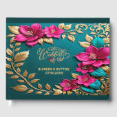 Elegante Fuchsia Roze Blauwgroen Blauw Goud Bloeme Gastenboek (Voorkant)