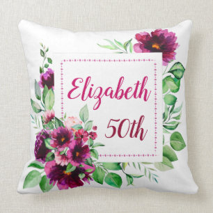 Elegante Fuchsia Roze Bloem 50e Verjaardag  Kussen