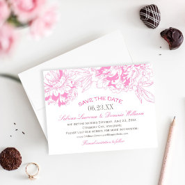 Elegante Fuchsia Roze en Grijs Bloemige Pioen Trou Save The Date