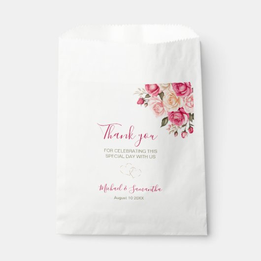 Elegante Fuchsia Roze en Ivoren Rozen Bruiloft Bedankzakje (Voorkant)