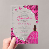 Elegante Fuchsia Roze Rozes Zilver Quinceanera Acryl Uitnodigingen (Insitu (Draagbaar))