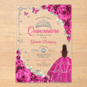 Elegante Fuchsia Roze Rozes Zilver Quinceanera Acryl Uitnodigingen (Voorkant)