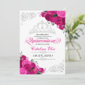 Elegante Fuchsia Roze Zilveren Bloemige Quinceaner Kaart (Staand voorkant)