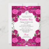 Elegante Fuchsia Roze Zilveren Bloemige Quinceaner Kaart (Achterkant)