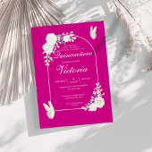 Elegante Fuchsia Witte Rozen Vlinder Quinceañera Kaart
