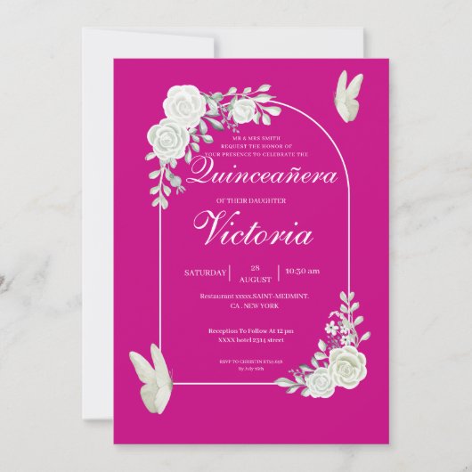 Elegante Fuchsia Witte Rozen Vlinder Quinceañera Kaart (Voorkant)