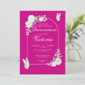 Elegante Fuchsia Witte Rozen Vlinder Quinceañera Kaart (Staand voorkant)
