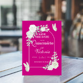Elegante Fuchsia Witte Rozen Vlinder Quinceañera Save The Date