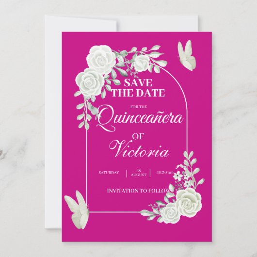 Elegante Fuchsia Witte Rozen Vlinder Quinceañera Save The Date (Voorkant)