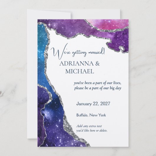 Elegante Galaxy Agaat Zilveren Bruiloft Save the D Kaart (Achterkant)