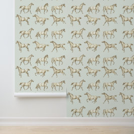Elegante galopperende paarden beige salie toilet behang