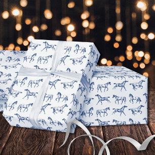 Elegante galopperende paarden blauw wit toilet cadeaupapier