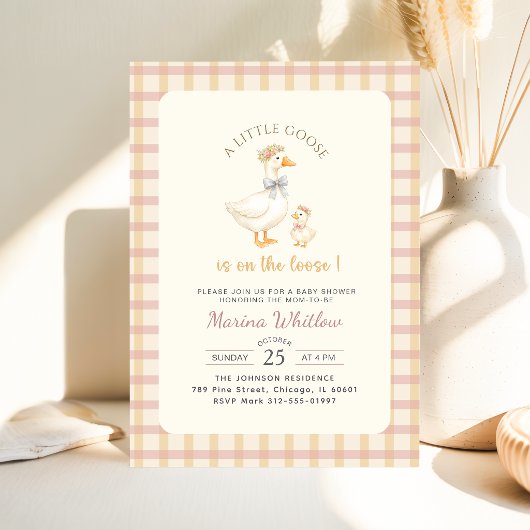 Elegante Gans Boog Gingham Baby Shower Kaart