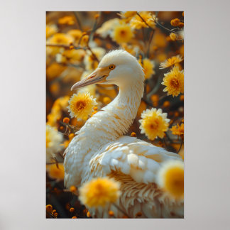 Elegante Gans en Gele Bloemen Poster