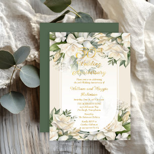 Elegante Gardenia Bloemstuk 50ste Huwelijksjubileu Folie Uitnodiging
