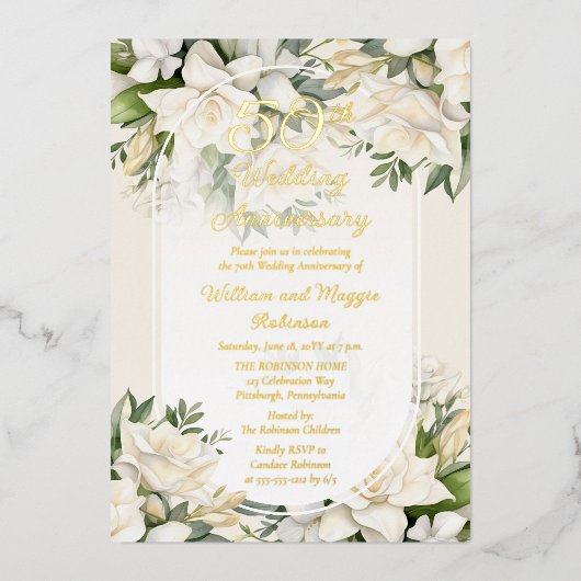 Elegante Gardenia Floral 50ste bruiloft Jubileum Folie Uitnodiging (Voorkant)