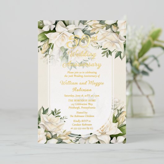 Elegante Gardenia Floral 50ste bruiloft Jubileum Folie Uitnodiging (Staand Voorkant)