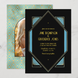 Elegante Gatsby Art Deco Blauwe & Gouden Trouwfoto Kaart