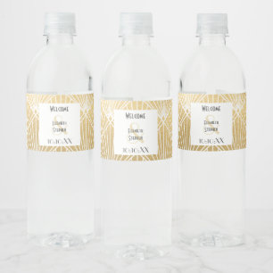 Elegante Gatsby Art Deco Witte & Gouden Bruiloft Waterfles Etiket