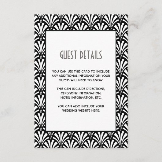 Elegante Gatsby Art Deco Zwart-wit Gastinformatie Informatiekaartje (Voorkant)