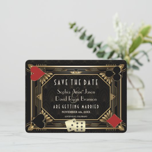 Elegante Gatsby Casino Royale Vegas Poker Huwelijk Save The Date (Staand voorkant)