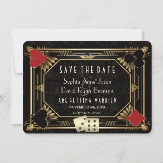Elegante Gatsby Casino Royale Vegas Poker Huwelijk Save The Date (Voorkant)