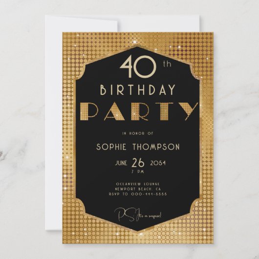 Elegante Gatsby Gold Glitter Zwart 40e verjaardag Kaart (Voorkant)