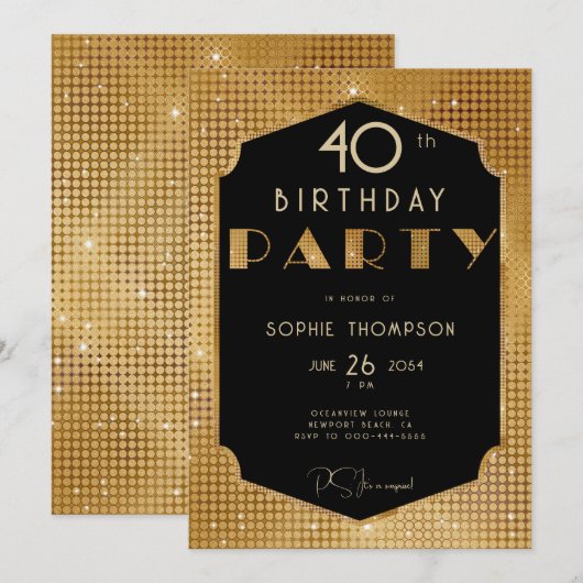 Elegante Gatsby Gold Glitter Zwart 40e verjaardag Kaart (Voorkant / Achterkant)