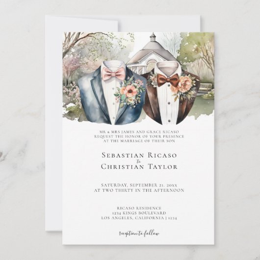 Elegante Gay Garden Wedding Twee bruidegoms in pak Kaart (Voorkant)