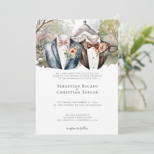 Elegante Gay Garden Wedding Twee bruidegoms in pak Kaart (Staand voorkant)