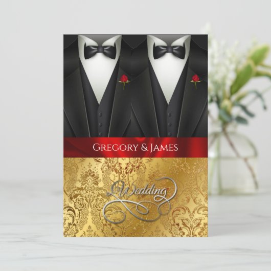 Elegante Gay Trouw-Tuxedo Rode Roos Uitnodiging (Staand voorkant)