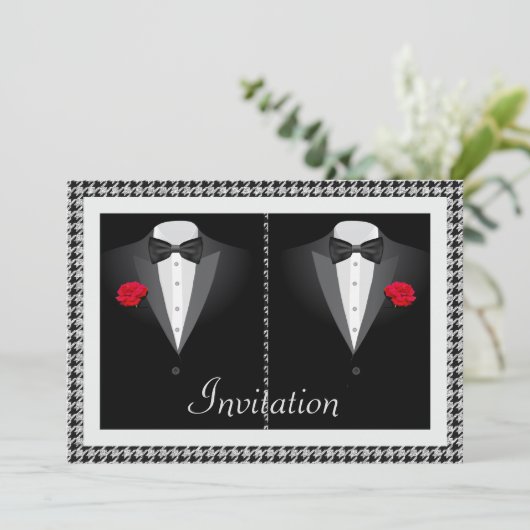 Elegante Gay Wedding Uitnodiging met Twee Tuxedos (Staand voorkant)