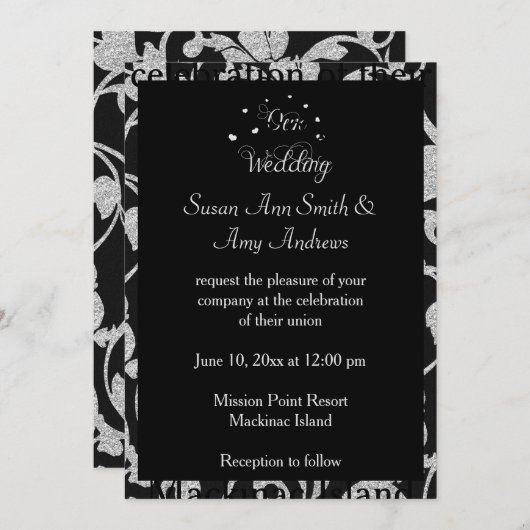 Elegante Gay Zwart en Zilver Bruiloft Uitnodiging (Voorkant / Achterkant)