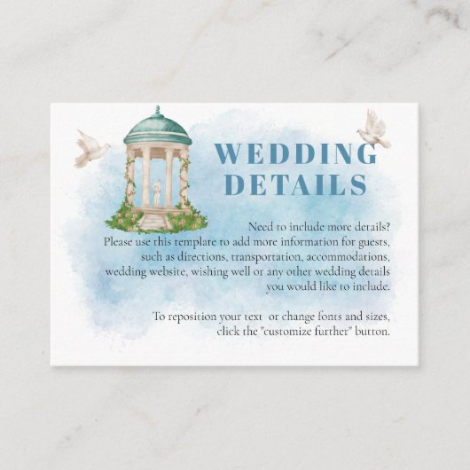 Elegante Gazebo bloemen Doven Bruiloft details Informatiekaartje (Voorkant)