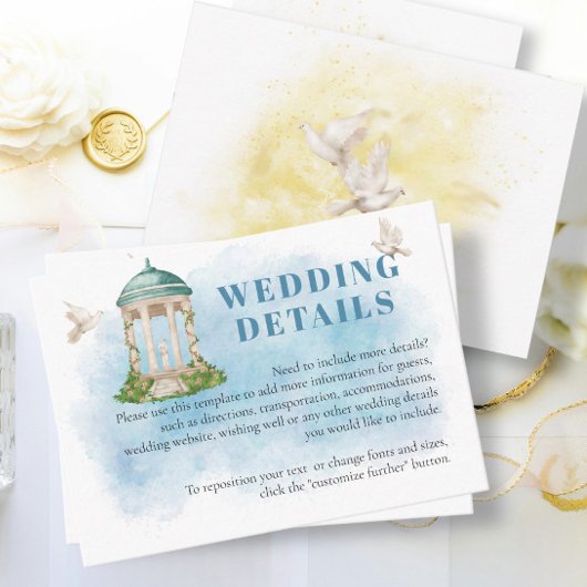 Elegante Gazebo bloemen Doven Bruiloft details Informatiekaartje