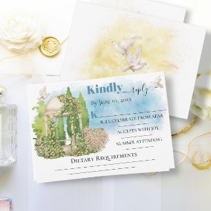 Elegante Gazebo bloemenbomen duiven Bruiloft RSVP Kaart