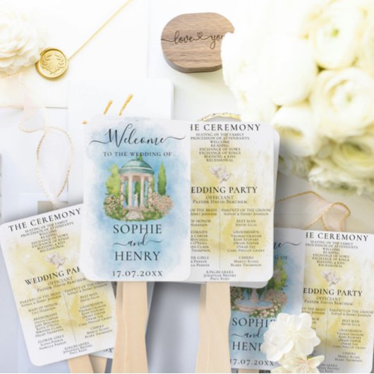 Elegante Gazebo Statue Doves Wedding Programma Han Handwaaier