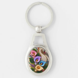 Elegante Gebeadde Zwaan Bloemstuk Kunstwerk Sleutelhanger