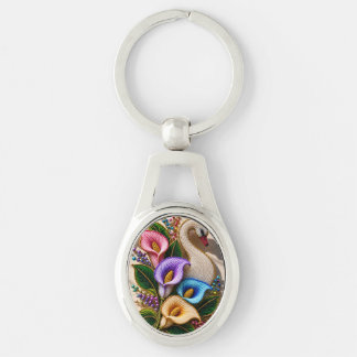 Elegante Gebeadde Zwaan Bloemstuk Kunstwerk Sleutelhanger