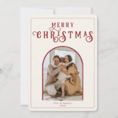 Elegante Gebogen Foto Kerstkaart met Rode Rut (Voorkant)