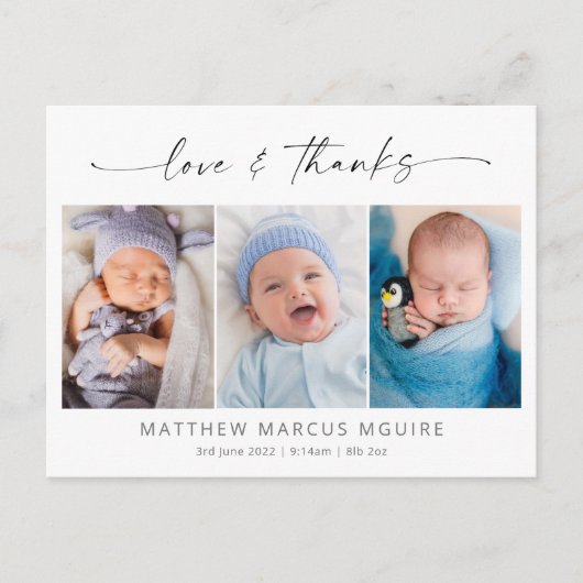 Elegante geboorteaankondiging, liefde en bedankt f briefkaart (Voorkant)
