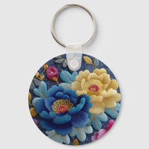 Elegante geborduurde bloemenlook vintage pioenroos sleutelhanger