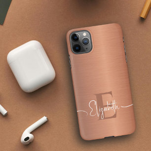 Elegante Geborsteld Koperen Metaal Luxe Monogram iPhone 16 Hoesje