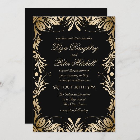 Elegante geborstelde gouden border bruiloft kaart (Voorkant / Achterkant)