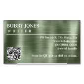 Elegante Geborstelde Groene Folie Metallic QR Code Magnetisch Visitekaartje (Voorkant)