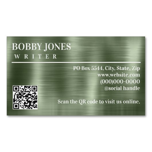 Elegante Geborstelde Groene Folie Metallic QR Code Magnetisch Visitekaartje (Voorkant)