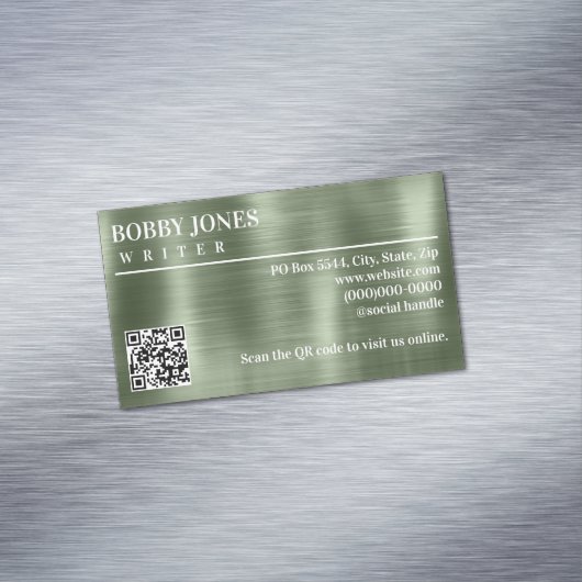 Elegante Geborstelde Groene Folie Metallic QR Code Magnetisch Visitekaartje (Voorbeeld)