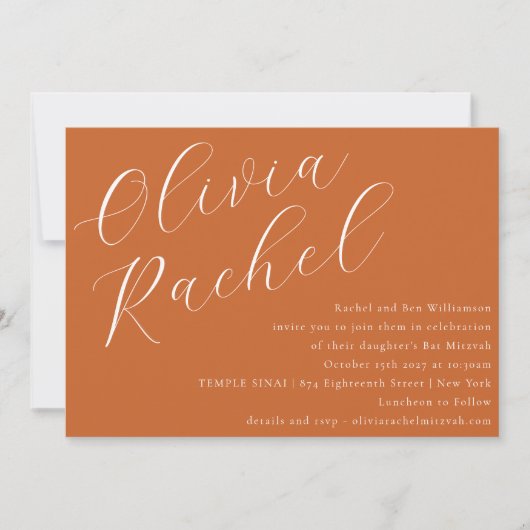 Elegante gebrande Oranje script minimal bat mitzva Kaart (Voorkant)
