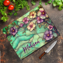 Elegante gebrandschilderde paarse bloemen turquois