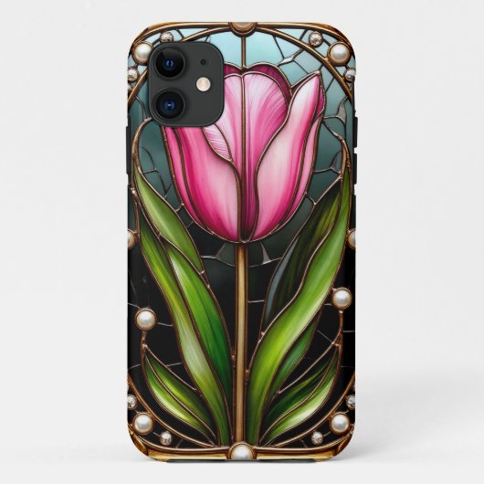 Elegante Gebrandschilderde Tulp Met Gouden Frame Case-Mate iPhone Case (Achterkant)